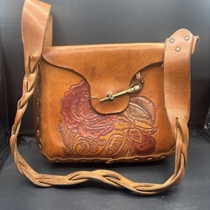 Leather Shoulder Bag Purse 1970's Hand Tooled Painted Rose Brown Boho Hippie - Picture 1 of 20