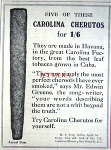 CAROLINA 'Havana Cherutos' WW1 Tobacco Advert #5 : Small 1915 Print - Picture 1 of 1