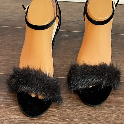 BETSEY JOHNSON Black Faux Fur Open Toe Nolte Velvet High Heel Size 9.5 - Image 1 of 4