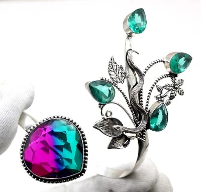 925 Sterling Silver Bi_ Color Tourmaline Gemstone Jewelry Cuff Bracelet Size-ADJ - Image 1 of 4