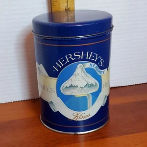 Blue Silver Vintage Metal Tin Hershey's Kisses 4"round x 6" Tall Tight Lid CLEAN - Picture 1 of 8