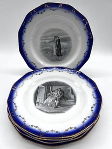 5 Sterling China of Ohio 9" Flow Blue Dinner Plates CRAZED Mayflower Pilgrim - Picture 1 of 16