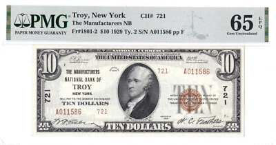 $10 1929 T2 National TROY New York NY 🇺🇸 PMG 65 EPQ GEM Uncirculated 🇺🇸 - Image 1 of 2