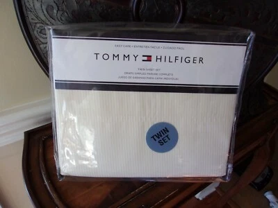 NIP Tommy Hilfiger Yellow White Striped Cotton Blend Twin Sheet Set - Image 1 of 3