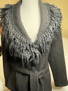 Cynthia Rowley Sweater Coat Brown Wool Belted Fringed Yarn Collar Size Medium?