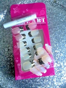 KIT FAUX ONGLES NAIL ART 12 CAPSULES PRET A POSER + COLLE DECO FRENCH OR ET NOIR - Picture 1 of 1