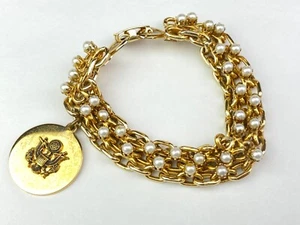 Vintage Chain Link Bracelet Faux Pearls US Eagle Medallion - Picture 1 of 13