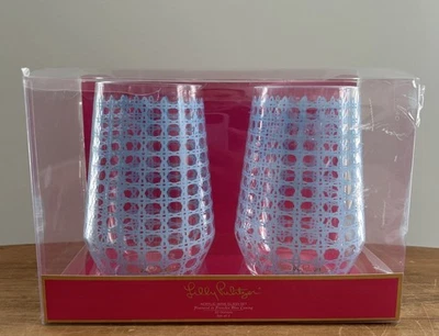 Set of 2 Lilly Pulitzer Stemless Acrylic Wine Glasses Blue Caning Lattice - Image 1 of 3