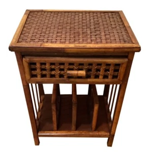 1 Vtg Boho Bamboo Rattan Wicker End Side Table W/Magazine Rack &Drawer Plant Sta - Picture 1 of 14