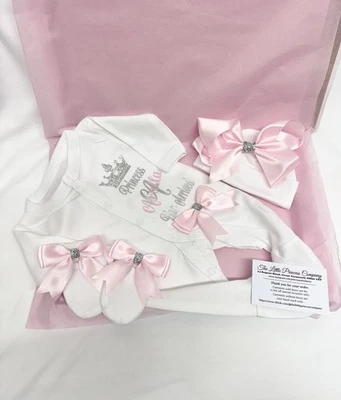 Baby Girl coming Home Outfit sleepsuit Hat Mitts Personalised Princess NEWBORN - Image 1 of 4