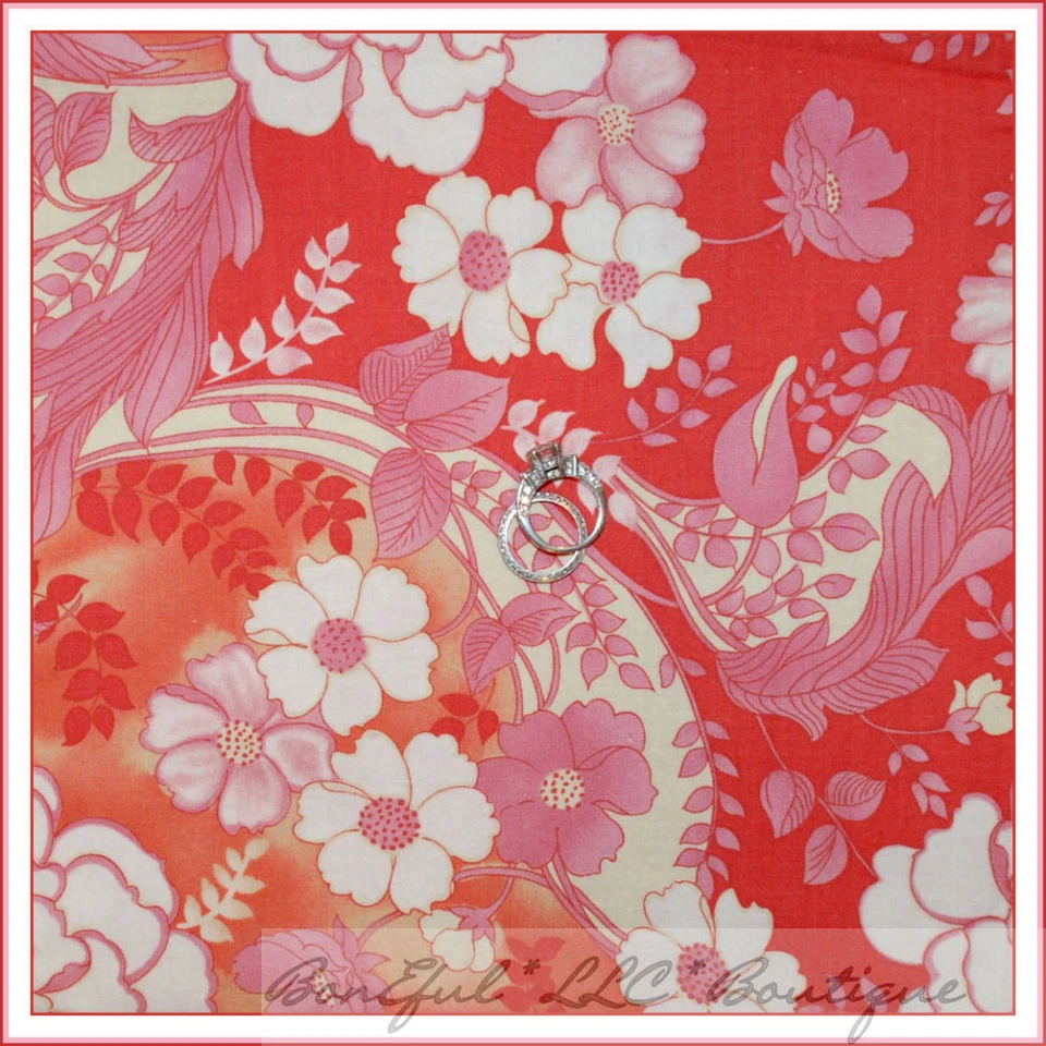 BonEful Fabric FQ Cotton Quilt Red Pink White Flower Orange Paisley Shabby Chic - Image 1 of 4