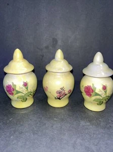 3 Vintage mini porcelain ginger jars with lid yellow floral. 3.5” Tall 2” Wide - Picture 1 of 9