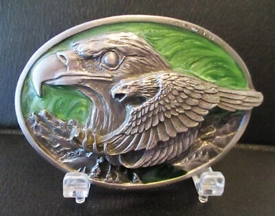 John Denver Song Eagle & Hawk Pewter Enamel Belt Buckle Siskiyou 1988 Vintage 3D - Изображение 1 из 3