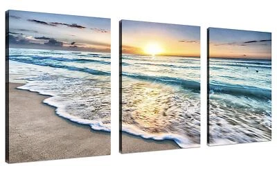 3 Panel Wall Art Blue Sea Sunset White Beach Painting Print On Canvas - Image 1 of 4