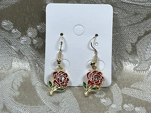 Vintage Red Rose Crystal Gold Dangle Fashion Bohemian Casual Fun Earrings - Picture 1 of 2