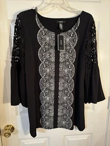 NWT Alfani Black/White Blouse Tunic Lace Accents Long Bell Crochet Sleeve Size L - Picture 1 of 9