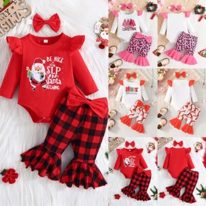 Newborn Baby Girls Christmas Santa Romper Tops Flared Pants Clothes Outfit Set - Picture 1 of 18