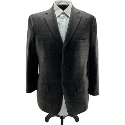 Isaia 棕色羊毛羊绒西装外套 3 按钮无孔尺寸 42R 黑色和蓝色格子 — 第 1/4 张图片