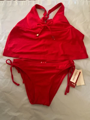 ESPRIT 2 PIECE RED HALTER APRON SLIDE SIDE TIE BIKINI Swimwear Size XS NWT - Imagem 1 de 4