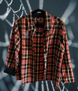 Women's Krazy Kat Halloween Plaid Button Front Shirt Rhinestone Spider Size L - Picture 1 of 9