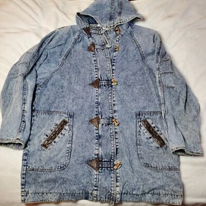 VTG Denim Chore Jacket Oversized Lined Hooded Full Zip Toggle Buttons Womens 2XL - Picture 1 of 24