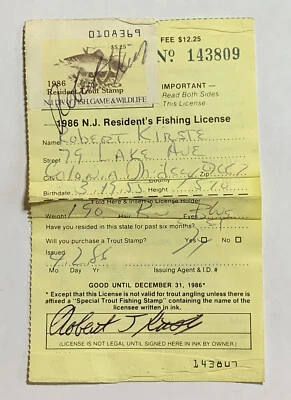 Nueva Jersey 1986 licencia de pesca con sello de trucha  Foto 1 de 4