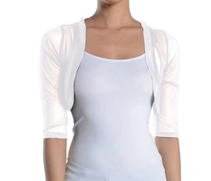 Fashion Secrets Women`s White 3/4 Chiffon Bolero Shrug Cropped Jacket Cardigan - Picture 1 of 3