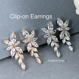 CZ Cubic Zirconia Clip On Floral Earrings Dangle Wedding Bridal Bridesmaids Gift - Bild 1 von 12