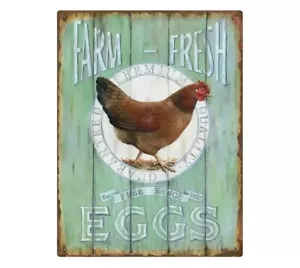 Vintage Farmhouse Decor, Tin 12 x 9 'Farm - Fresh Eggs' Tin Metal Sign - Picture 1 of 3