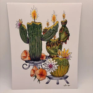 Original Zeichnung Kaktus Kakteen Kerzen Sukkulenten Blumen signiert 8 x 10 cm - Bild 1 von 12