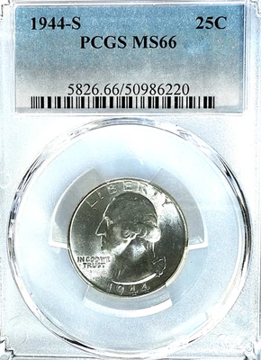 1944-S WASHINGTON Silver Quarter PCGS MS66 / HARD TO FIND / PROOF LIKE - Image 1 of 4