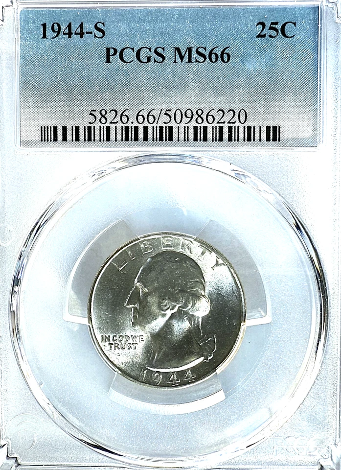 1944-S WASHINGTON Silver Quarter PCGS MS66 / HARD TO FIND / PROOF LIKE - Image 1 of 4