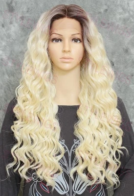 Shadow Root Blonde Long Wavy Curls Heat OK Lace Front Human Hair Blend Wig EVEF - Image 1 of 4