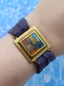 Stunning Artisan Unique Brass & Multicoloured Glass Leather Detailed Bracelet - Picture 1 of 11