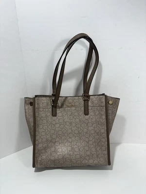 Calvin Klein Monogram Tote Bag CK with Leather Straps Gray Purse - Image 1 of 4