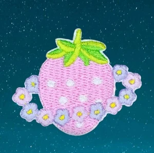 CUTE PINK STRAWBERRY PLANET FLOWER RING OUTER SPACE ART IRON ON PATCH 1.5"x1.75" - Picture 1 of 7