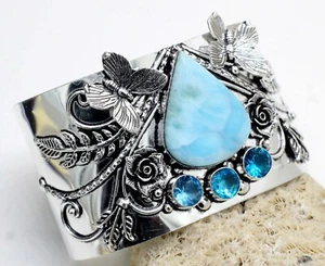 Brazalete brazalete de plata esterlina 925 con piedras preciosas de topacio y larimar S-ADJ" - Imagen 1 de 7