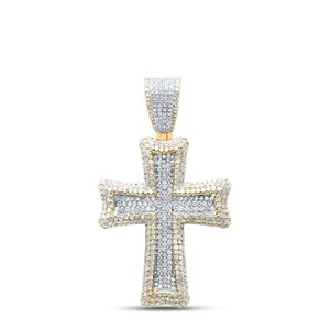 10K Yellow Gold Genuine Diamond Iced Out Budded Cross Pendant Mens Charm 2.63 CT - Picture 1 of 6