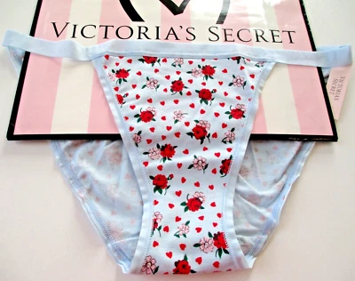 VICTORIA'S SECRET Cotton String Bikini Panty VS Blue with Red Hearts S M L XL - Image 1 of 4