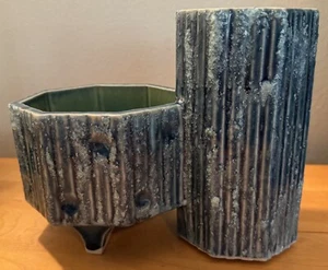 Vintage 1970s Abstract Ceramic Ikebana Style Planter Modern Pottery Blue Signed - Picture 1 of 13