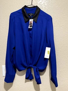 Karen Kane Top - XL Royal Blue with Black Textured Collar Long Sleeve Buttondown - Picture 1 of 7