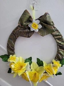 Decorative Ribbon Wreath - approx. 15"- Spring, daffodils, yellow, green multi - Picture 1 of 5