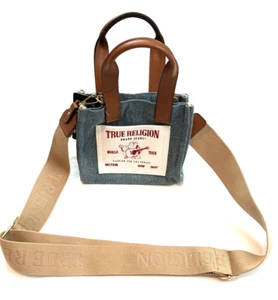 True Religion Buddha Mini Blue Denim Boho Bag Crossbody Tan Adjustable Strap - Picture 1 of 11