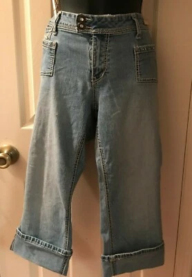 ANGEL JEANS ~ FADED BLUE STRETCH DENIM CUFFED CAPRI JEANS W/BLING ~ SIZE 17 - Image 1 of 4