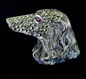 Sterling Silver Marcasite Ruby Saluki Spaniel Setter Field Gun Dog Brooch pin - Picture 1 of 15