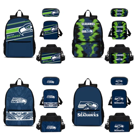 Seattle Seahawks School 4PCS Backpacks Set Pen Bag Crossbody Bag Lunch Bag Lot Cover