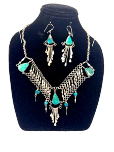 Peruvian chrysocolla turq. semi-precious Necklace Set Alpaca Jewelry 3 pc. #15 - Picture 1 of 1