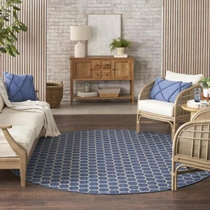 Nourison Reversible Indoor Outdoor Blue 8' x Round Area Rug Easy Cleaning, Non - Picture 1 of 9
