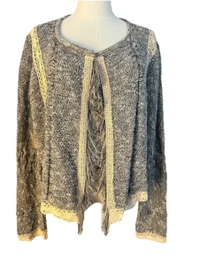Fringe Cardigan Gray Open Drape Front Crochet Marbled Lace Size Chico’s 2 (L/12) - Picture 1 of 12