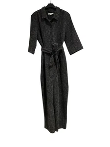 Great Plains Black Tweed Jumpsuit Size 14 Modern Smart 3/4 Sleeve Collar Belt - Picture 1 of 10